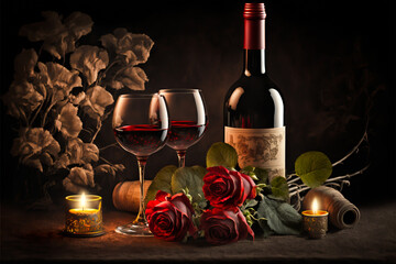 Romantic dinner with two glasses of red wine, candles and red roses. Wine tasting romantic evening. Celebration for two with glasses of red wine, Generative AI background.