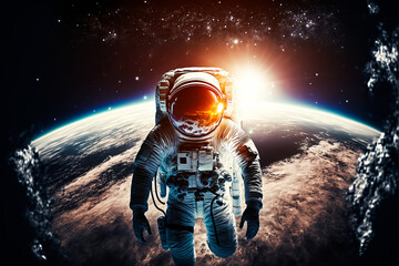 Astronaut in outer space over the planet Earth. Space exploration background. Spaceman in floating in outer cosmos over a planet with sun in the background. Generative AI space travel illustration.