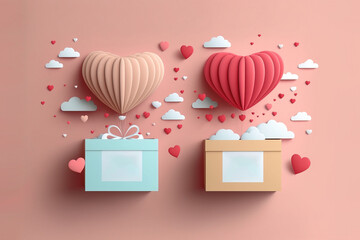 Sticker - gift boxes with heart balloon floating it the sky, happy valentine's day banners, paper art style