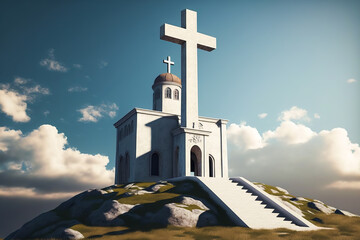 Wall Mural - Christian cross on top of the hill in sun rays. Christian symbol - cross in a sun rays. Religion bacgkround. Christian religion concept for post cards, posters or backgrounds, Generative AI.
