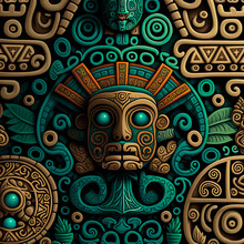 Stone Maya Texture. Ancien Mayan Background With Face In The Middle. Ceramic Tiles In The Form Of Traditional Maya Design. Generative AI Maya Ancient Background.