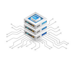 Poster - Flat isometric 3d illustration octopus network artificial intelligence cloud server data concept
