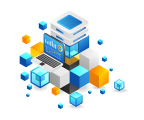 Flat isometric 3d illustration blockchain server anlis concept