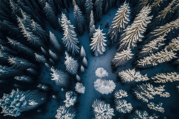 Wall Mural - Aerial view of forest in snowy winter day. Generative AI.