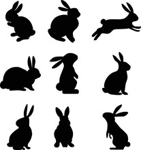 Rabbit In Different Positions Clipart Set. Easter Bunny Black Silhouette Collection. Isolated On White Background. Vector Illustration