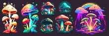 Funny Psychedelic Mushrooms Colorful 70s Retro Style. Vector Illustration