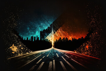Wall Mural - The city at night as seen from the asphalt road. Generative AI