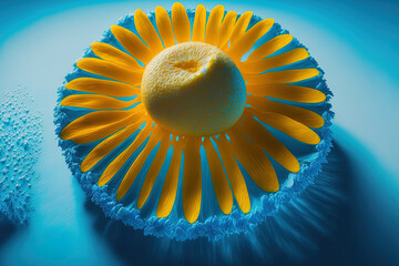 Sticker - On a vivid blue backdrop, a sun formed of lemon and yellow flower petals appears. Summer fruit simple idea. Generative AI