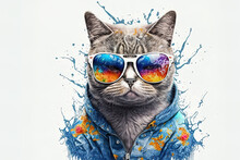 A Scottish Cat Sporting A Summer Outfit And Sunglasses Is Shown In A Songkran And Summer Season Theme On A White Backdrop. Generative AI