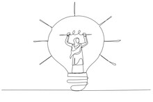 Cartoon Of Arab Muslim Businesswoman Go Inside Light Bulb To Fix Or Invent New Idea Metaphor Of Entrepreneurship. Continuous Line Art Style