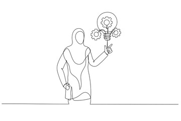 Wall Mural - Illustration of arab muslim businesswoman presenting innovative lightbulb with cogs and gears concept of Innovation. Single continuous line art style