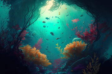 Wall Mural - a realistic underwater environment with flora. Generative AI