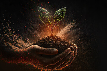 Canvas Print - Before a seed of a vegetable or plant seedling grows, an experienced farmer's hand collects dirt and examines the condition of the soil. Concepts related to agriculture, gardening, or ecology