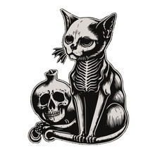 Cute And Creepy Gothic Kitten With A Skull Friend, Vector Goth Animal For Halloween, Sticker Or Cut Out Clip Art Image, Base Sketch Used For Image Creation Developed With Generative AI. 