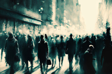 Sticker - Unrecognizable crowd of people wandering through the city's streets. Generative AI