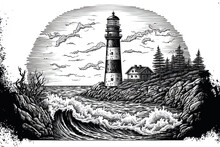 Lighthouse And Seascape Are Hand Drawn. A Fine Engraving Of A Drawing. Isolated Drawing On A White Background. Good For Designing Cards, Brochures, Tattoo Sketches, Or Textile Prints. Generative AI