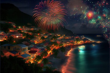 Wall Mural - New year's fireworks in Dominica, generative ai