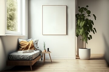 Wall Mural -  illustration of mock-up wall decor frame is hanging in cozy minimalism living room with comfort sofa