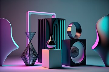 Wall Mural - Conceptual futuristic exhibition space with no exhibits, abstract geometric neon light background, advertising banner. exhibit of goods, 3d visualization of setting. Generative AI