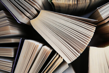 Collection of different books on white shelf, above view