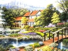 Garden In The Park. Landscape Paintings Of Villagers' Houses, Garden, Bridges And Trees