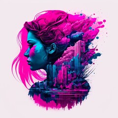 Wall Mural - Woman and cityscape in blues and pinks (ai generated)