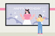 A girl fan poses in front of a star's birthday poster. Korean idol culture. Subway Happy Birthday ad.
