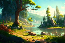 Animated Natural Panorama With A Forest Glade In The Backdrop. Generative AI