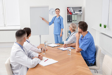 Sticker - Doctor giving lecture near flipchart in conference room