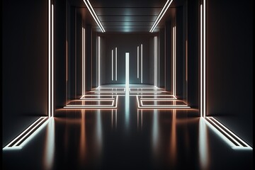 Wall Mural - Futuristic Sci-Fi White Neon Glowing Line Lights In Empty Dark Room With Concrete Floor with copy Space generative ai