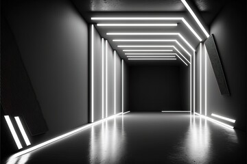 Poster - Futuristic Sci-Fi White Neon Glowing Line Lights In Empty Dark Room With Concrete Floor with copy Space generative ai