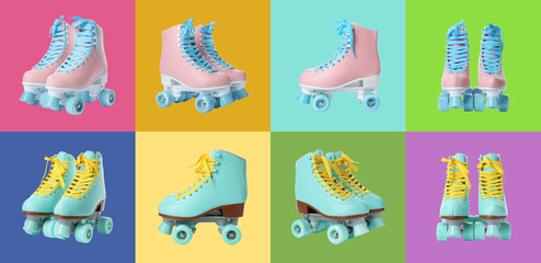 Wall Mural - collage with roller skates on various color backgrounds, views from different sides. banner design