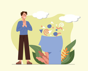 Wall Mural - Psychological wellness concept. Man stands next to head silhouette and smiles. Positivity and optimism. Mental health and psychology, happiness. Poster or banner. Cartoon flat vector illustration