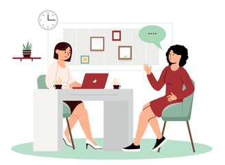 Job interview concept. HR manager requests candidate for vacancy. Expansion of staff and recruitment in corporation. Business conversation and communication concept. Cartoon flat vector illustration