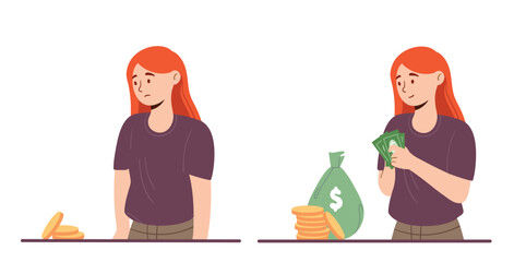 Wall Mural - Woman earns money. Young girl with banknotes and gold coins. Family budget and financial literacy. Economics, investing and trading, passive income. Poster or banner. Cartoon flat vector illustration