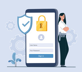 Wall Mural - data security concept. woman stands near large smartphone, gadgets and devices. internet security, p