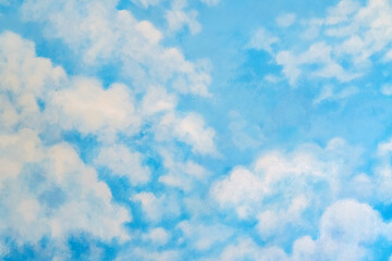 Beautiful painting of clouds and sky on cement wall. Scratched blue wall texture(backdrop surface). Concrete wall with clouds and sky picture. Abstract beautiful pattern clouds on blue sky background.