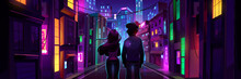 Silhouettes Of Couple Standing In Night City Street Illuminated With Neon Lights. Vector Cartoon Illustration Of Man And Woman Looking At Modern Buildings And Skyscrapers With Colorful Windows, Signs