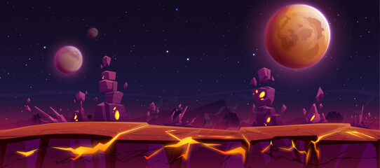 Wall Mural - dangerous alien planet surface with rocky surface, hot lava in cracks, piles of stones against dark 