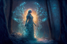 Dreamy Fairy In A Fantasy Magical Enchanted Forest With Butterflies. Digital Artwork	
