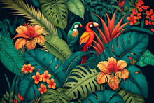 Tropical Jungle Exotic Print With Toucan, Parrot, Leaves And Flowers. Generative AI.
