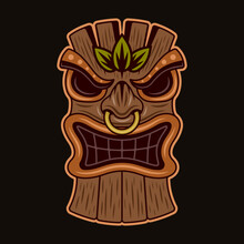 Tiki Wooden Head Vector Illustration In Colorful Cartoon Style Isolated On Dark Background