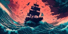 Artistic Abstract Painting Of Pirate Ship In Storm, Digital Art Illustration, Wallpaper