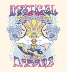 mystical dreams.retro 70's psychedelic hippie element illustration print with groovy slogan for man 