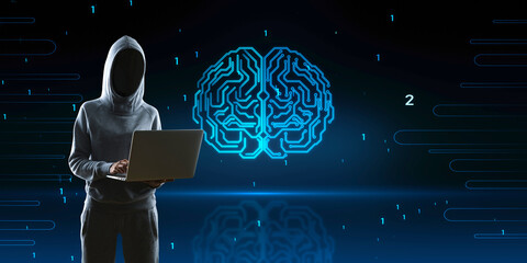 Poster - Hacker using laptop computer with abstract glowing human brain hologram on blurry background. Neurology research, hacking, data theft and artificial intelligence concept.