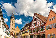 Germany, Bavaria, Forchheim, Historic Houses With Bell Tower Of St. Martin Church In Background