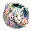 Adorable White Tiger, Floral circular frame, icon, watercolor