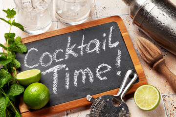 Wall Mural - Mojito cocktail ingredients and drinks utensils