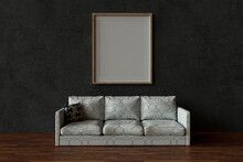 Three Dimensional Render Of White Sofa With Empty Picture Frame Hanging Behind