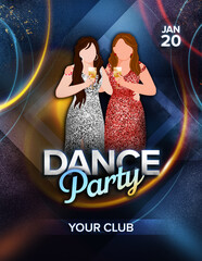 Sticker - Dance Party Invitation Card With Faceless Modern Young Girls Enjoying Alcoholic On Abstract Background.